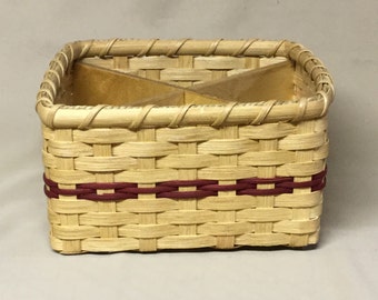 Square Hand Woven Basket with Wood Divider, Deep Burgundy Accent Weaving