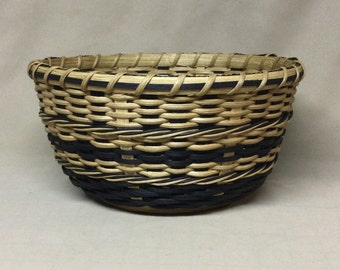 Round Bowl Basket, Hand Woven, Tan and Black, Musical Theme Decoupage on Wood Base