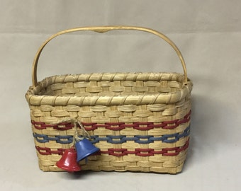 Hand Woven Basket with Jingle Bell Decoration, Accents of Red and Blue Weaving