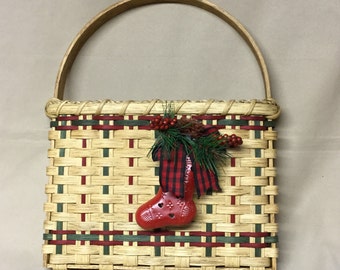 Hand Woven Christmas Basket, Wall or Door Basket, Red Metal Stocking