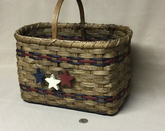 Hand Woven Market Basket,  Patriotic, Wood Base and Painted Wood Tie-ons