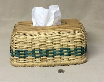 Rectangular Tissue Box Cover, Teal Accent Weaving, Oak Top, Fits All Standard Sized Tissue Boxes