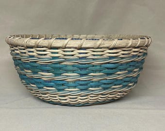 12” Diameter Round Bowl Basket, Hand Woven, Teal and Royal Blue Accent Colors
