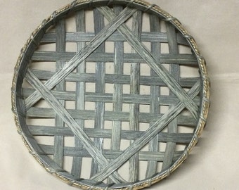 12” Round Tobacco Basket, Small Replica, Hand Woven, Driftwood Stain
