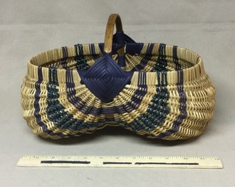 Oval Hand Woven Egg Basket, Shades of Blue And Natural Weaving