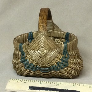 Miniature Round Hand Woven Egg Basket, 4” Opening, Teal Accent Rows