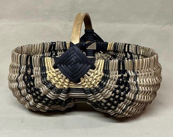 8.5” x 5”, Smaller Oval Hand Woven Egg Basket with Black Accent Weaving