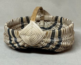 6” Diameter, Hand Woven, Shallow Ribbed Basket with Dark Blue/Gray Accent Weaving