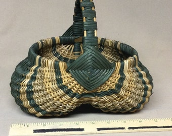 Approx 7” Top Opening, Round Hand Woven Egg Basket with Natural and Hand Dyed Green Weaving