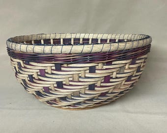12” Diameter Round Bowl Basket, Hand Woven Twill, Multi-Colored Accent Weavers, Blue, Purple