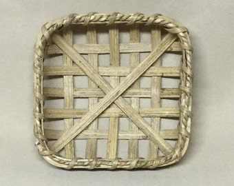 4" Square Tobacco Basket, crushed Black Walnut Hull Stain, Hand Woven, Miniature Replica, Ornament