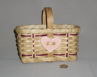 SALE -Small, Hand Woven Market Style Basket with Pink Ceramic Heart Tie-on