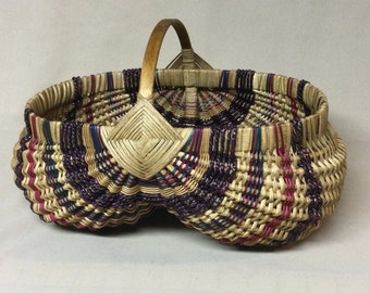 7” x 11” Top Opening, Oval Hand Woven Egg Basket, Shades of Purples and Pinks with Natural Reed, Weaving