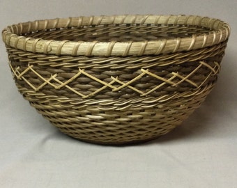 Round Bowl Basket , Hand Woven, Tan and Brown with Double Diamond Design