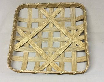 12 1/2"  Square Tobacco Basket, Small Replica, Hand Woven, Oak Stain