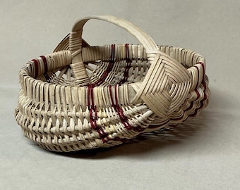 6” Diameter, Hand Woven, Shallow Ribbed Basket with Burgundy Accent Weaving