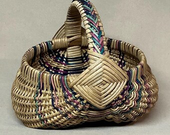 6.5” Round Top Opening, Hand Woven Egg Basket, Teal and Purple Accent Weaving, Braided Design on Handle