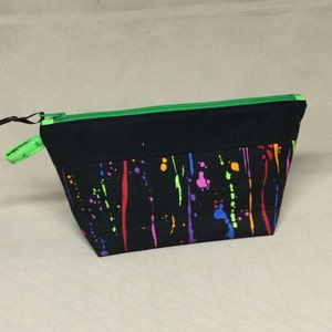 Fabric Zipper Pouch, 100% Cotton Fabric, Black Rainbow Fabric, Bright Green Lining and Zipper
