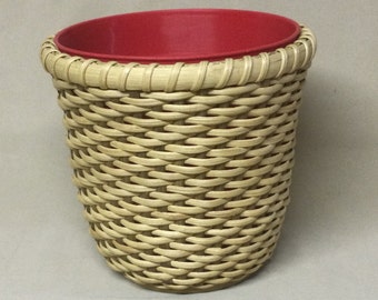 Hand Woven Planter Basket with Wood Base and Twill Weave.  Includes Plastic Plant Container