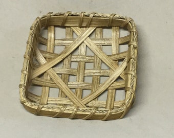 4" Square Tobacco Basket, Walnut Stain, Hand Woven, Miniature Replica, Ornament
