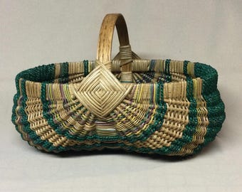 Hand Woven Egg Basket: Natural Reed & Teal Seagrass, 9" x 12"