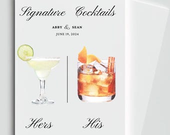 May include: A white invitation card with the text "Signature Cocktails" and the names "Abby & Sean" with the date "June 19, 2024". The card features watercolor illustrations of a margarita and an old fashioned cocktail, labeled "Hers" and "His".