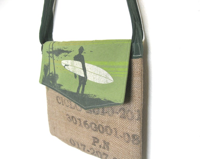 Eco Friendly. Messenger Bag. Upcycled. Burlap. Green. Surf. Etsy
