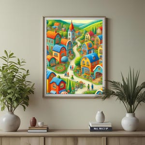 Spring Town Folk Art Print: Scandinavian Cottagecore Decor (Digital Download)