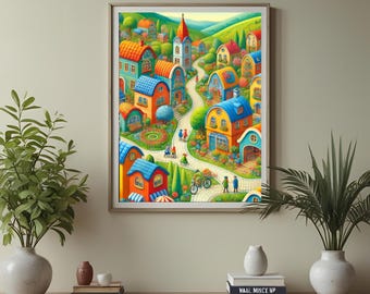 Stampa d'arte popolare di Spring Town: arredamento cottagecore scandinavo (download digitale)