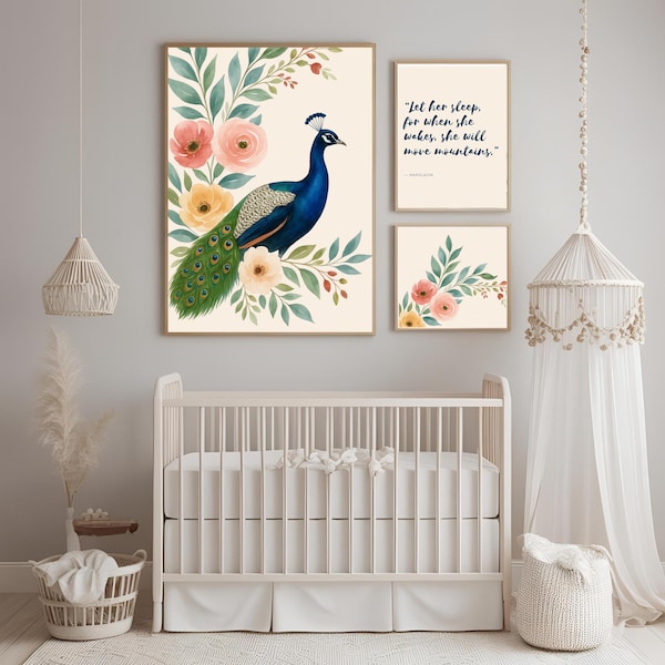 Pfau Kinderzimmer Wandbild Set: Boho Blumendrucke (Digitaler Download)