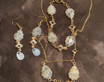Gold Plated Druzy Agate Necklace Toggle Bracelet and Drop Earrings Set Love Rhinestones