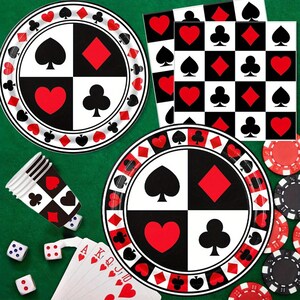 Set de 146 artículos para fiesta de póker: platos, vasos, mantel y adornos para tartas. Decoración de casino para cumpleaños. Artículos para fiestas.