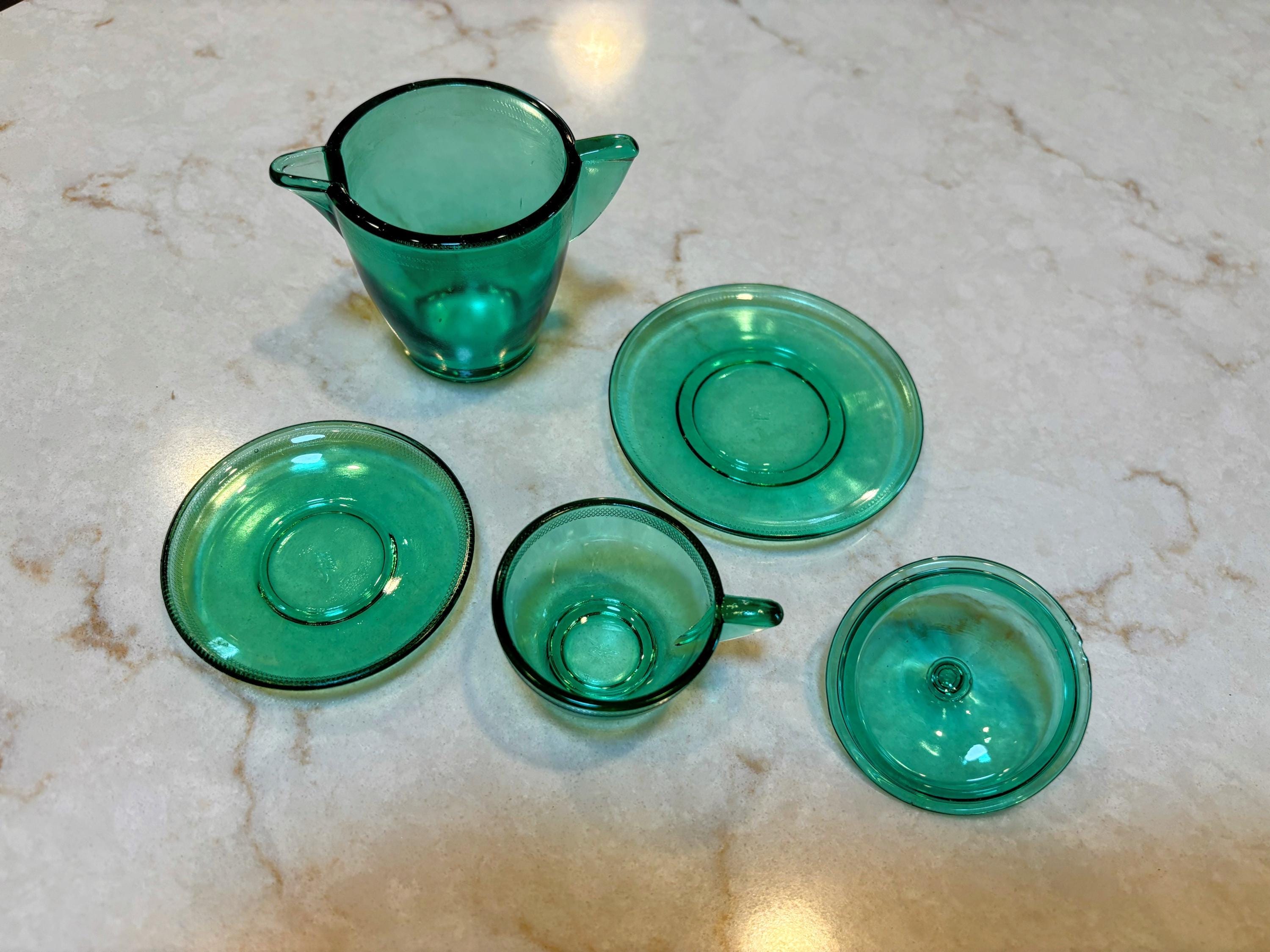 Set of 5 Vintage Akro Agate Glass Uranium Child's Play Time Tea