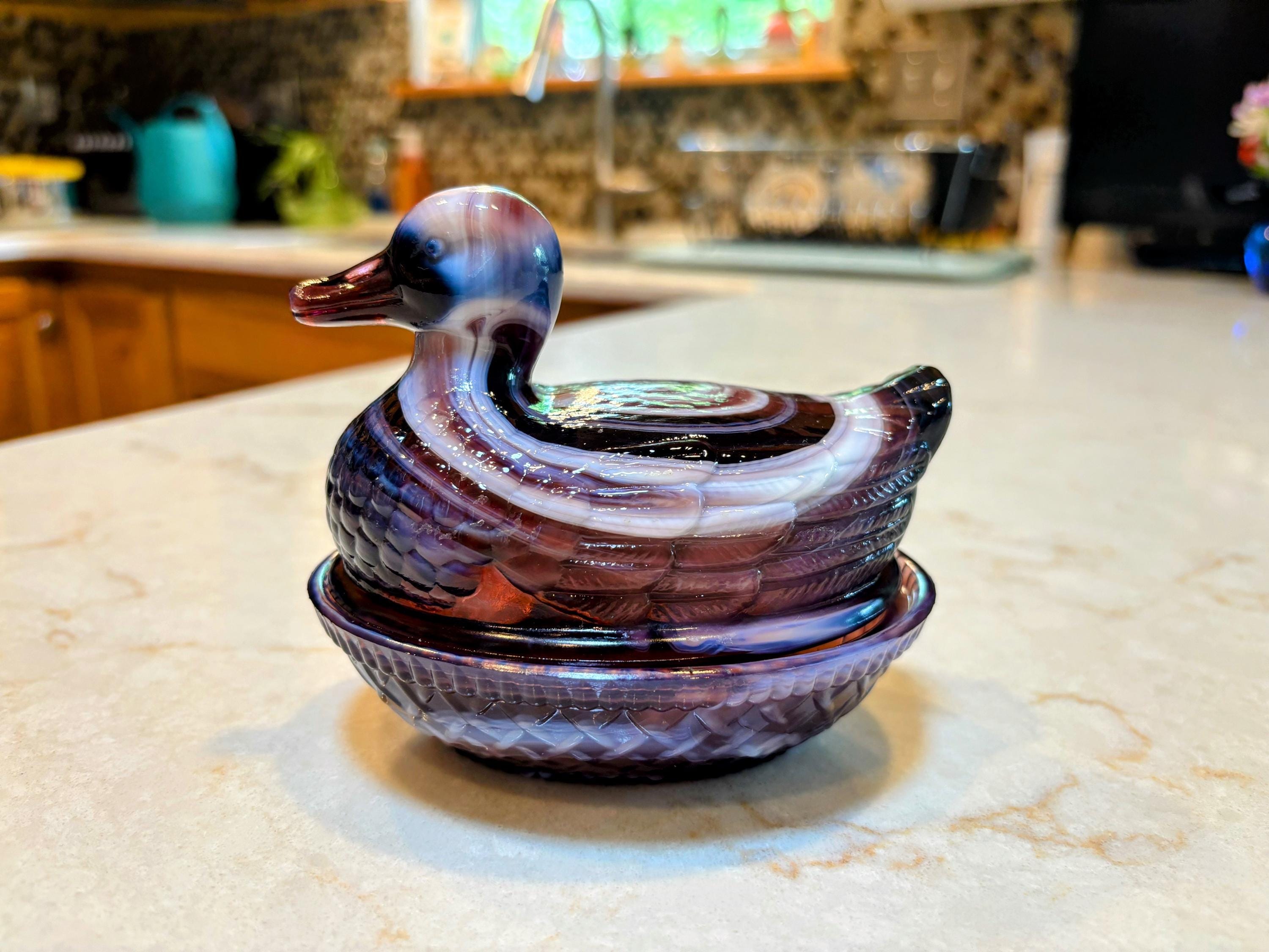 Vintage Imperial Purple Slag Swirl Glass Duck on a Nest ~ Pristine