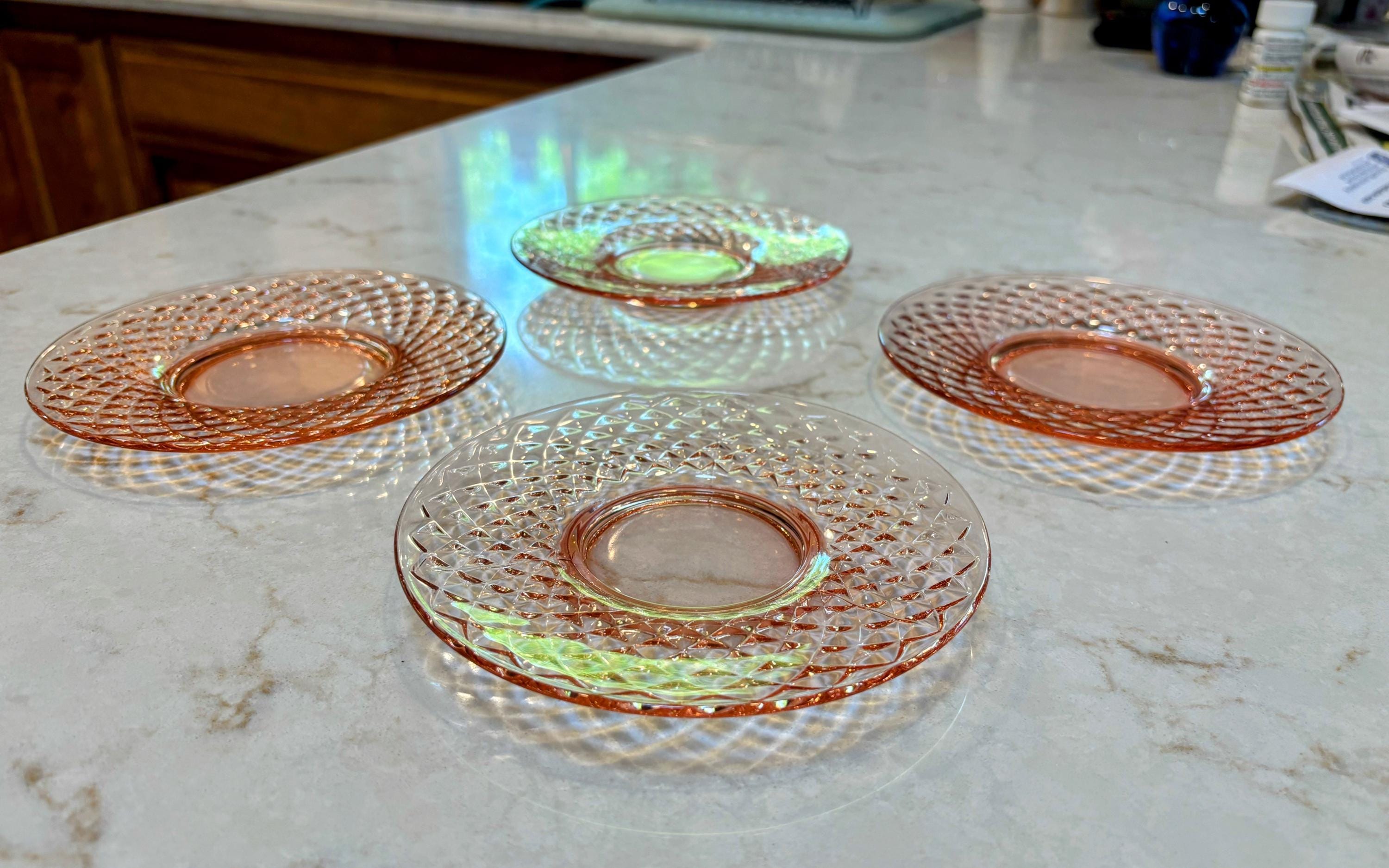 Set of 4 Vintage Pink Depression Glass ~ Diamond Quilted Pattern 6" Dessert/Salad/Bread & Butter Plates