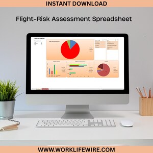 May include: A desktop computer displays a "Flight-Risk Assessment Spreadsheet" with charts and graphs. The screen is on a white desk with a keyboard, mouse, notepad, and a small potted plant. The text "Instant Download" and "www.worklifewire.com" are visible.