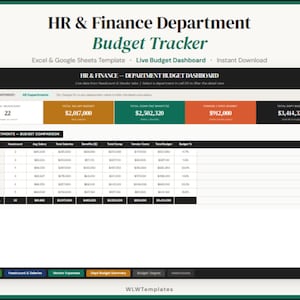 Puede incluir: Una plantilla digital de seguimiento presupuestario para los departamentos de RRHH y Finanzas. La hoja de cálculo muestra datos financieros clave, incluidos los recursos totales, los salarios y las cifras presupuestarias. El diseño incluye una tabla con comparaciones de departamentos.