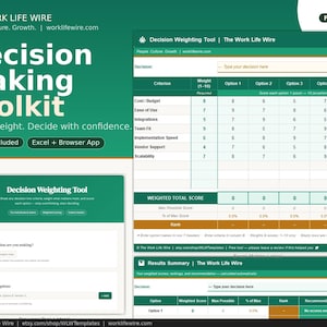 May include: A digital decision-making toolkit in green and white. The title "Decision Making Toolkit" is prominent. The image features a decision-weighting tool with sections for criteria, weight, and options, and a results summary.