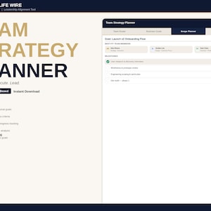 Może przedstawiać: Cyfrowy interfejs Team Strategy Planner z białym tłem. Tytuł "Team Strategy Planner" jest wyświetlany dużymi, złotymi i czarnymi literami. Interfejs zawiera sekcje dla listy zespołów, celów biznesowych, planisty zakresu, widoku wyrównania i dopasowywania mocnych stron.
