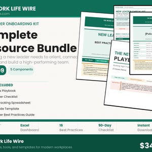 以下が含まれることがあります： 新しいリーダー向けの「Complete Resource Bundle」を宣伝する、ティールと白のグラフィック。バンドルには、マネージャーのプレイブック、チェックリスト、スプレッドシート、ポリシーガイド、ベストプラクティスガイドが含まれています。テキストは「The Work Life Wire」と「New Leader Onboarding Kit」と表示されています。