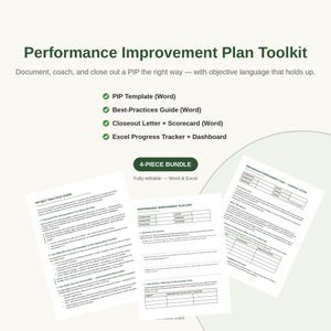 May include: A Performance Improvement Plan Toolkit bundle featuring a guide, template, closeout letter, scorecard, and Excel tracker. The documents include text headers such as Performance Improvement Plan, PIP Best Practices Guide, and Closeout Letter.