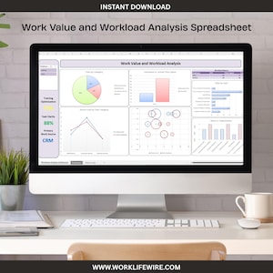 May include: A computer monitor showing a "Work Value and Workload Analysis Spreadsheet" with various charts and graphs. The screen displays pie charts, bar graphs, and line graphs. The text "INSTANT DOWNLOAD" is at the top. A keyboard, mouse, and coffee cup are on the desk.