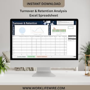 May include: A computer monitor displays an Excel spreadsheet titled "Turnover & Retention Analysis." The screen shows charts and data tables. The words "INSTANT DOWNLOAD" and "WWW.WORKLIFEWIRE.COM" are also visible.