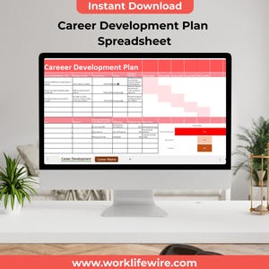 May include: A computer monitor displays a career development plan spreadsheet with a red header and pink highlighted sections. The text "Instant Download" and "Career Development Plan Spreadsheet" are at the top. The website address www.worklifewire.com is at the bottom.