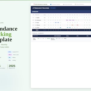 May include: An Excel template titled "Attendance Tracking Template" with a green and white design. The template includes a calendar for 2025, with monthly summaries and 12 pay codes. The image also shows attendance tracking for January.