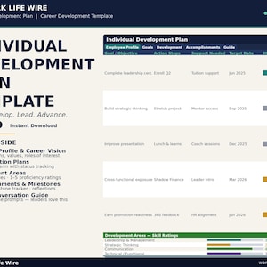 May include: A digital Individual Development Plan template with a teal and white design. The template includes sections for goals, action steps, and accomplishments. Text includes "Grow. Develop. Lead. Advance."