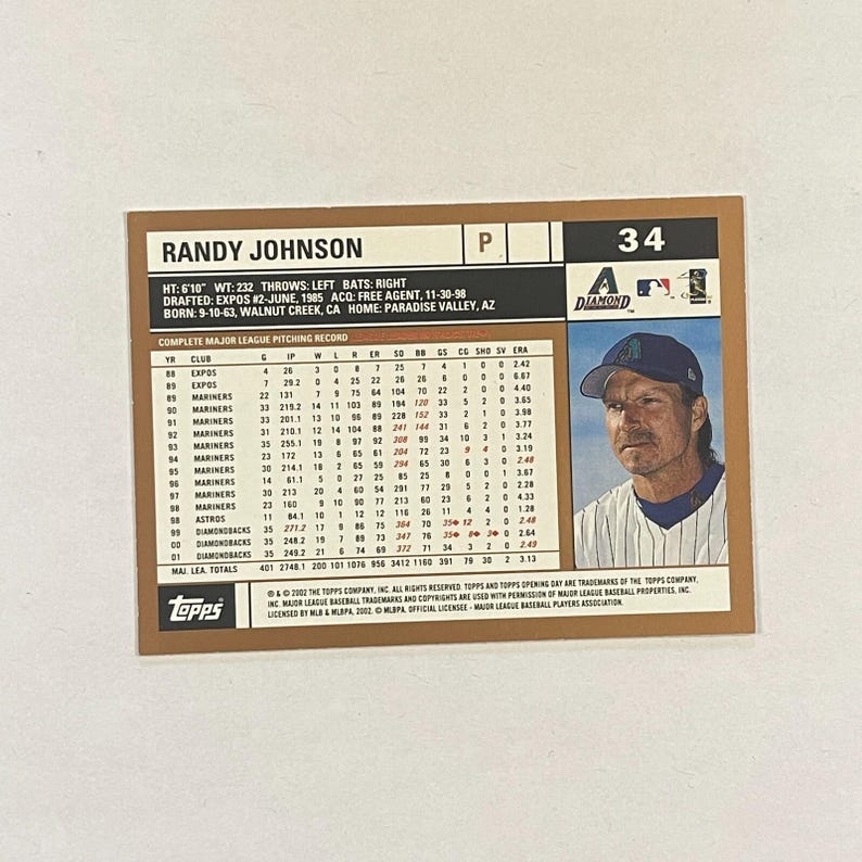 Tarjeta Topps Opening Day #34 de Randy Johnson de los Arizona Diamondbacks de 2002 imagen 2