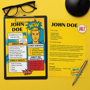 Modelo de Currículo para Freelancer Criativo | Currículo Estilo Pop Art + Carta de Apresentação | Editável no Canva | Layout Gráfico Colorido | Download Instantâneo