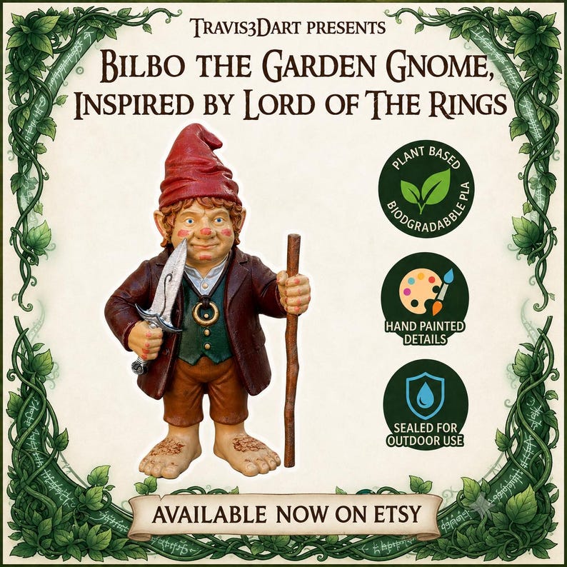 Bilbo de Tuinkabouter – Fantasievolle tuindecoratie, 3D-geprint avontuurlijk beeldje, Hobbit-geïnspireerd terrascadeau afbeelding 2