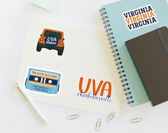 Hojas de calcomanías de la Universidad de Virginia, calcomanías para autos de la UVA, decoración universitaria, regalos de la UVA, calcomanías académicas, Virginia Wahoos